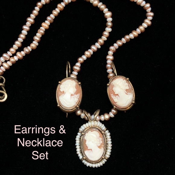 Rare Set Extasia Italian Hand carved Shell Cameo Seed Pearl Necklace & Earrings